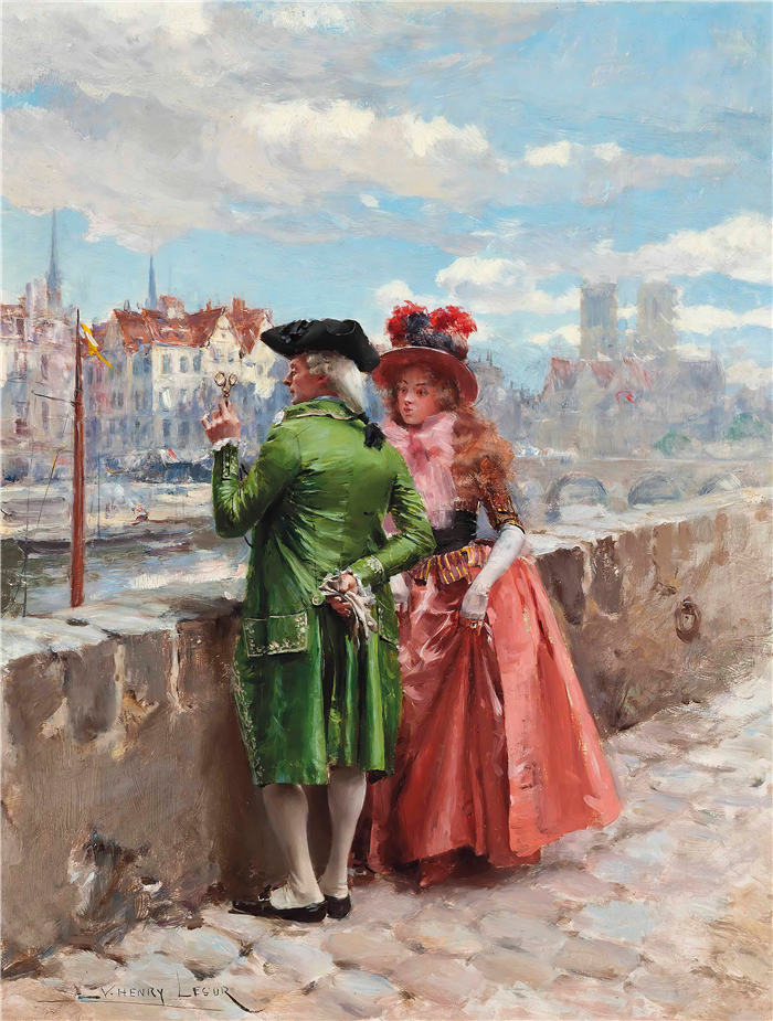 亨利·维克多·勒苏尔（Henri Victor Lesur，法国，1863-1900）作品-巴黎塞纳河畔漫步