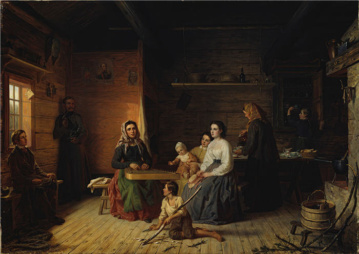 罗伯特·威廉·艾克曼（Robert Wilhelm Ekman ，芬兰，1808 –1873 年）作品-Kreeta Haapasalo 在农民小屋中演奏 Kantele（1868 年）