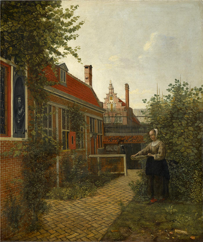 彼得·德·霍赫（Pieter de Hooch，荷兰画家）作品-厨房花园里拿着一篮豆子的女人（1660 年）
