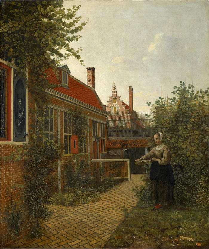 彼得·德·霍赫(Pieter de Hooch,荷兰画家)作品-厨房花园里拿着一篮豆子的女人(1660 年)