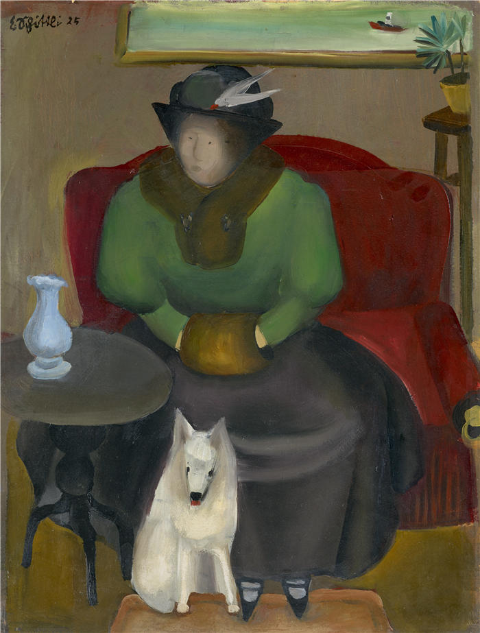 伊曼纽尔·肖特利（Emanuel Schöttli， 瑞士，1895-1926 年）作品-毛皮女人与狗 (1925)