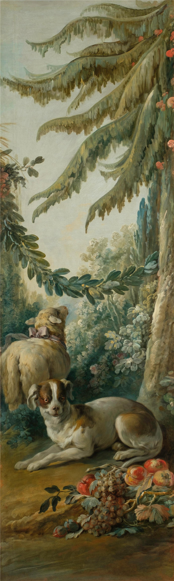 让-巴蒂斯特·休（Jean-Baptiste Huet，法国）作品-风景中的狗和羊 (1765 - 1770)