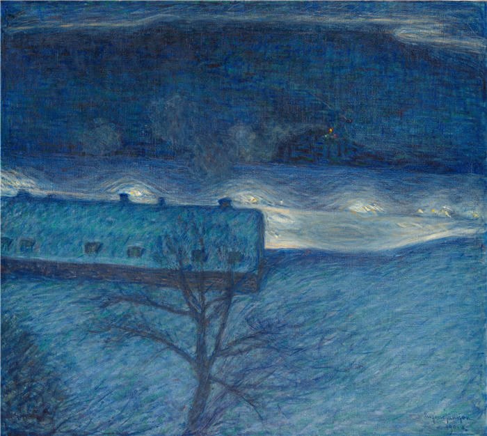 尤金·杨松（Eugène Jansson，瑞典）作品-码头上的冬夜 (1901)