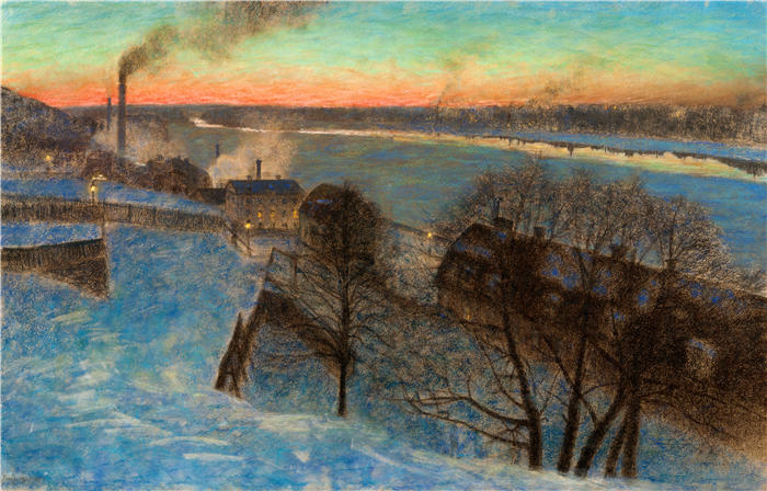 尤金·杨松（Eugène Jansson，瑞典）作品-二月的晚上，Riddarfjärden（斯德哥尔摩）（1892 年至 1893 年间）