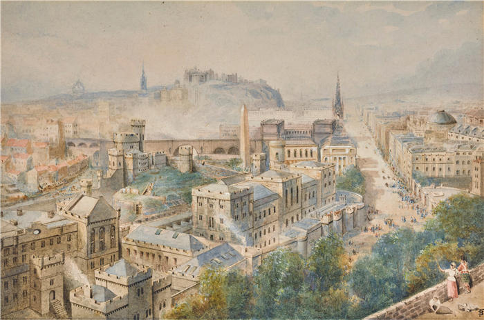 迈尔斯·伯克特·福斯特（Myles Birket Foster，英国，1825-1899）作品-从卡尔顿山出发的爱丁堡
