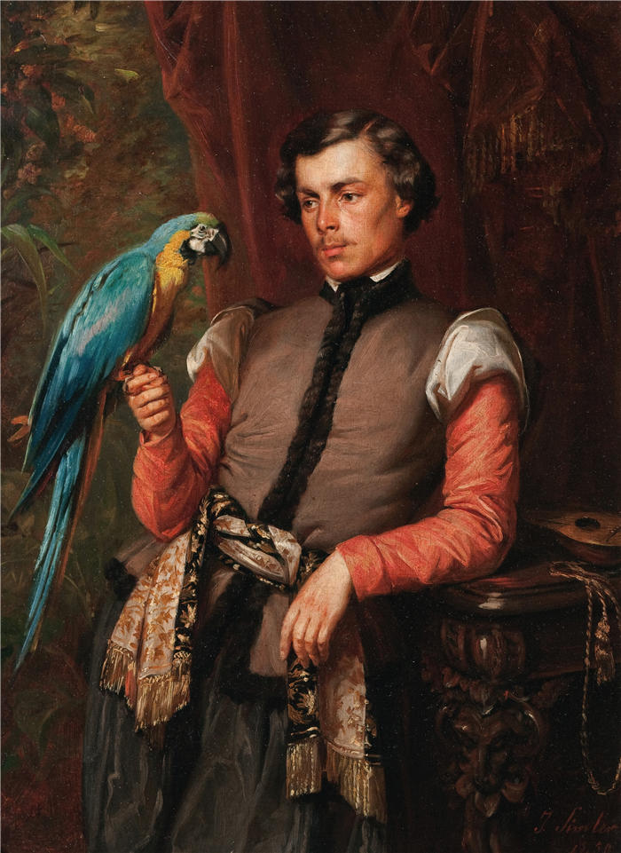 约瑟夫·西姆勒(Józef Simmler,波兰,1823-1868 年)作品-有鹦鹉的贵族(1859)