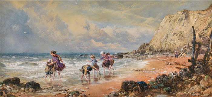 迈尔斯·伯克特·福斯特（Myles Birket Foster，英国，1825-1899）作品-在岸边，邦彻奇