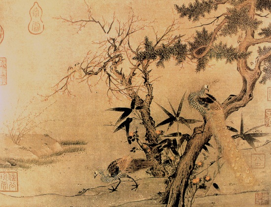 《红梅孔雀图》国画作品欣赏  宋 马口