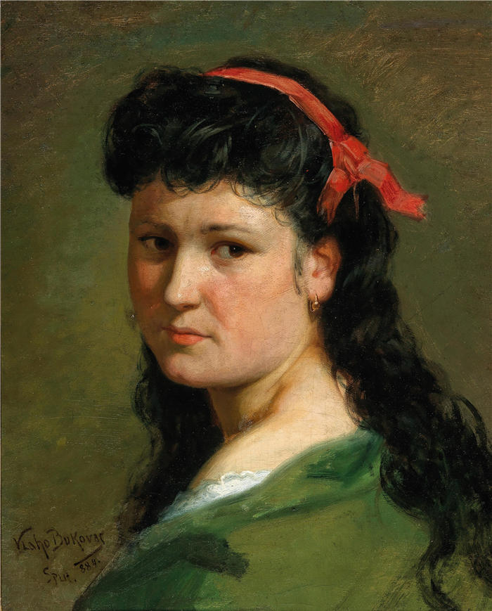 弗拉霍·布科瓦茨 (Vlaho Bukovac，克罗地亚 )作品-戴红发带的女士肖像（1884 年）