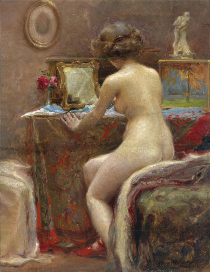 弗拉霍·布科瓦茨 (Vlaho Bukovac，克罗地亚 )作品-在厕所镜子前（1914）