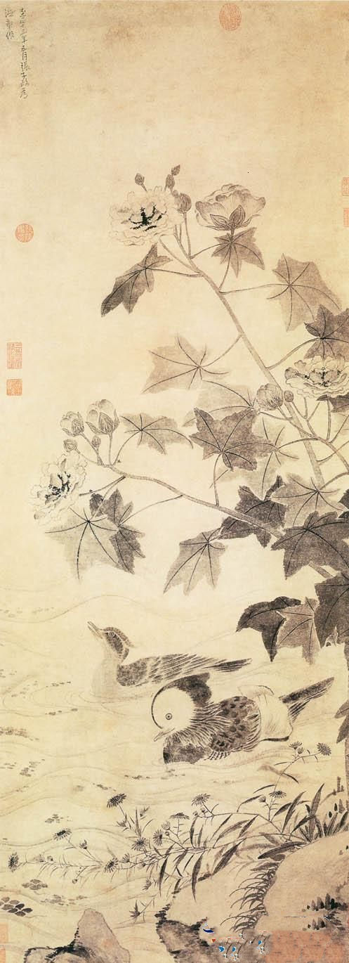 张中《芙蓉鸳鸯图》国画作品（元）