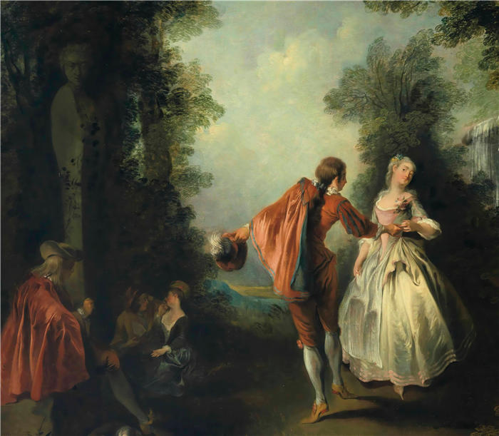 尼古拉斯·兰克里特（Nicolas Lancret，法国画家）-在树木繁茂的风景中跳舞的优雅人物