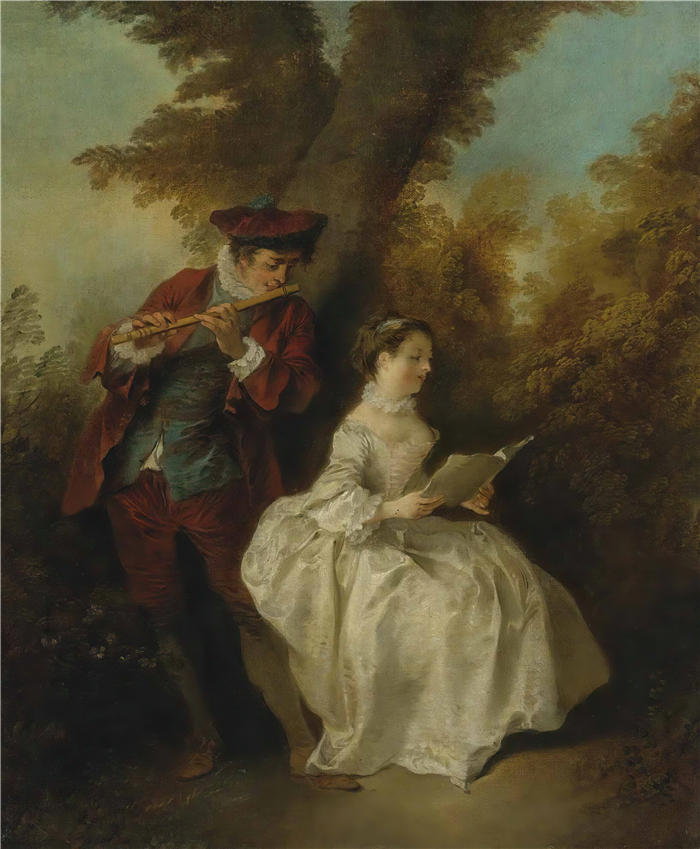 尼古拉斯·兰克里特(Nicolas Lancret,法国画家)-一个吹长笛的年轻人和一个在风景中唱歌的年轻女人