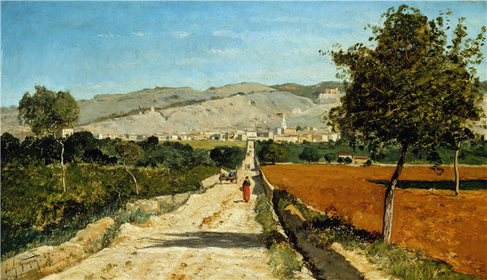 保罗·吉古（Paul Guigou，法国）-普罗旺斯风景。Saint-Saturnin-les-Apt 的视图。(1867)