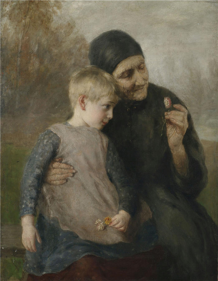 恩斯特·卡尔·格奥尔格·齐默尔曼（Ernst Karl Georg Zimmermann ，德国，1852-1901 年）作品-农夫的妻子带着孙女在风景背景前