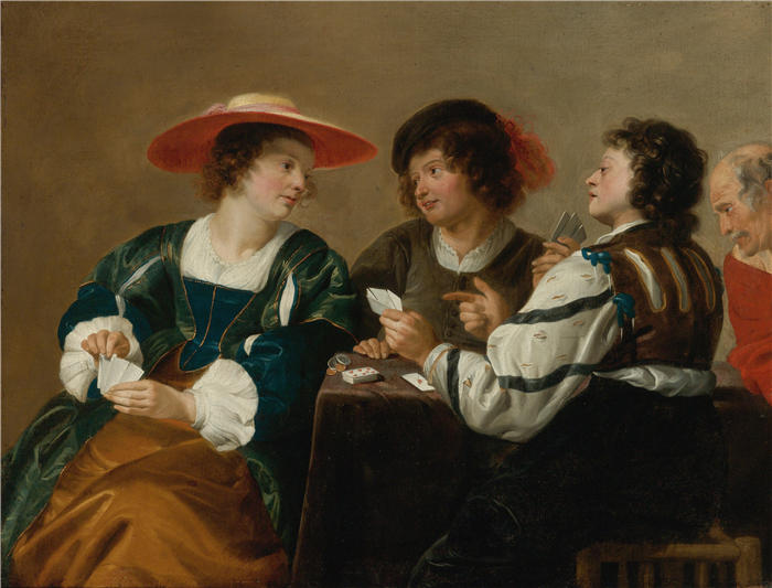 西奥多·朗布斯（Theodore Rombouts）作品-一个女人和三个男人围坐在一张桌子旁打牌