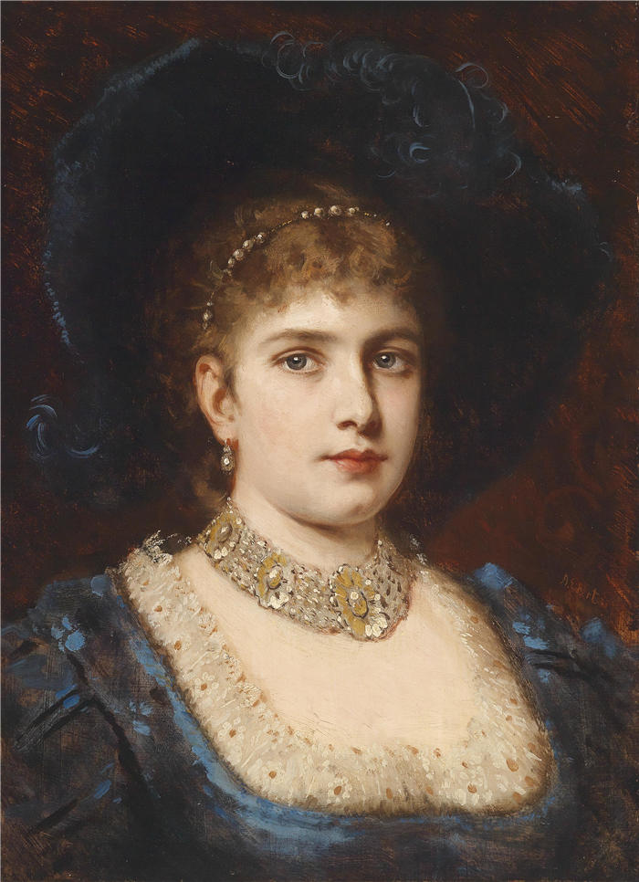 安东·艾伯特(Anton Ebert ,捷克,1845-1896)作品-戴着帽子的蓝色连衣裙的女士