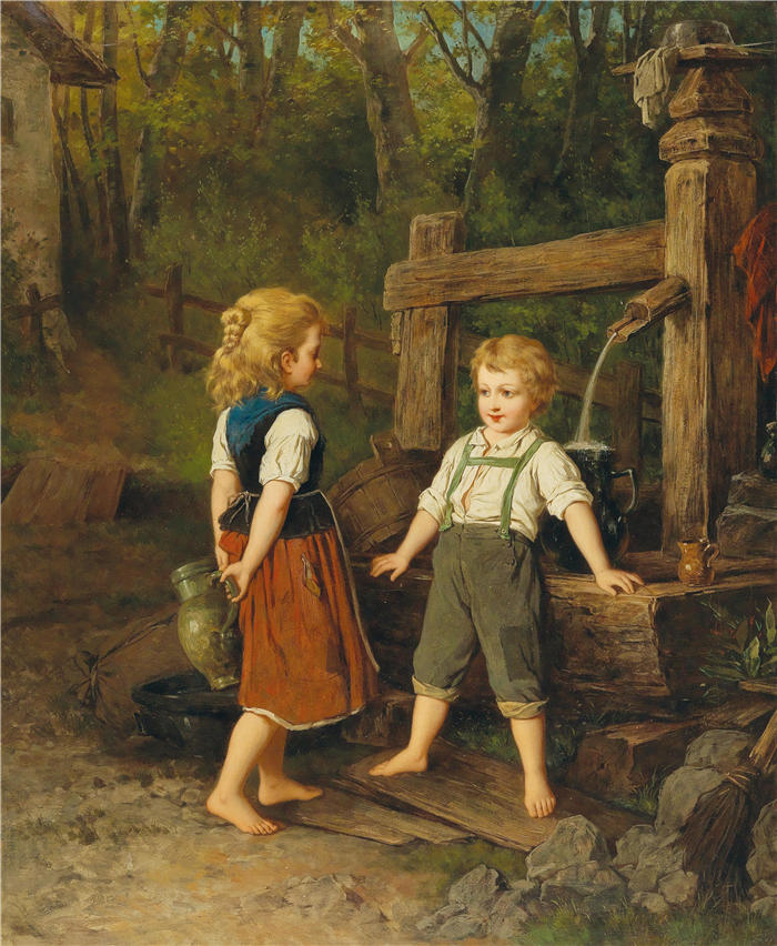 安东·艾伯特（Anton Ebert ，捷克，1845-1896）作品-井边的孩子们