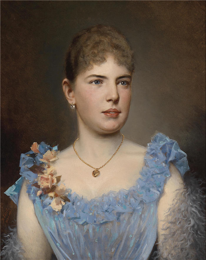 安东·艾伯特（Anton Ebert ，捷克，1845-1896）作品-一位身穿蓝色连衣裙的女士的肖像（1893 年）