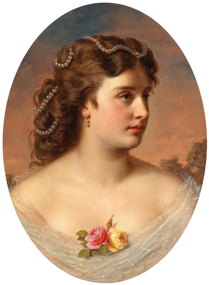 安东·艾伯特（Anton Ebert ，捷克，1845-1896）作品-乳沟上有玫瑰的女士肖像（1867 年）