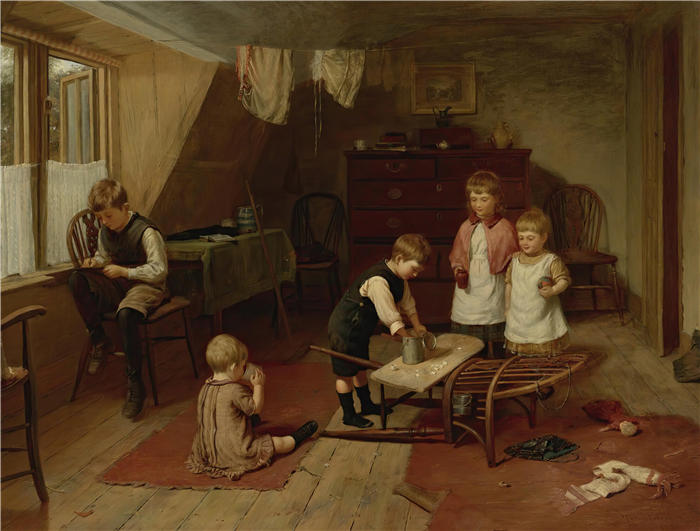 哈里·布鲁克（Harry Brooker ，英，1848–1940）作品-玩耍的孩子（1888 年）