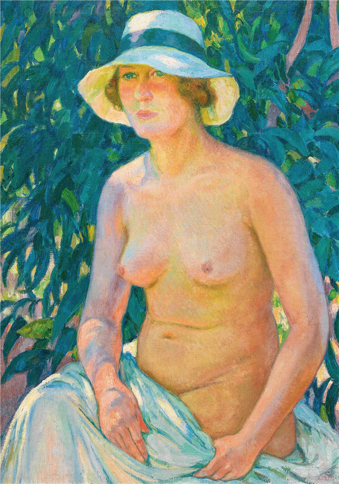 西奥·范·瑞塞尔伯格（Theo van Rysselberghe，比利时，1862-1926 年）作品-裸体与巴拿马 (1924)