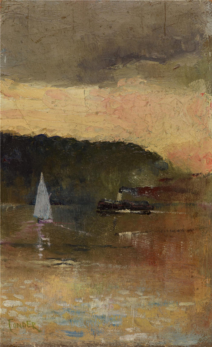 查尔斯·康德（Charles Conder，英，1868-1909）作品-《日落，悉尼港（约 1888 年）》