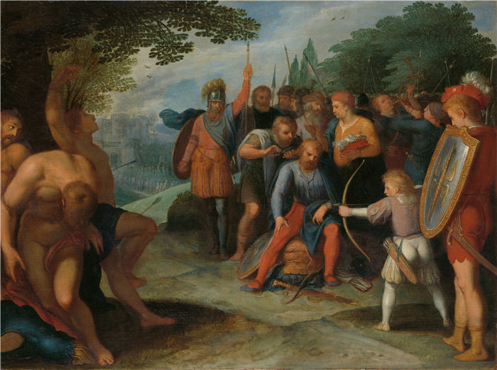 奥托·范·维恩（Otto van Veen）作品-维泰拉 (Vetera) 倒台后，朱利叶斯·西维利斯 (Julius Civilis) 理发，而他的儿子杀死了一些俘虏 (1600 - 1613)