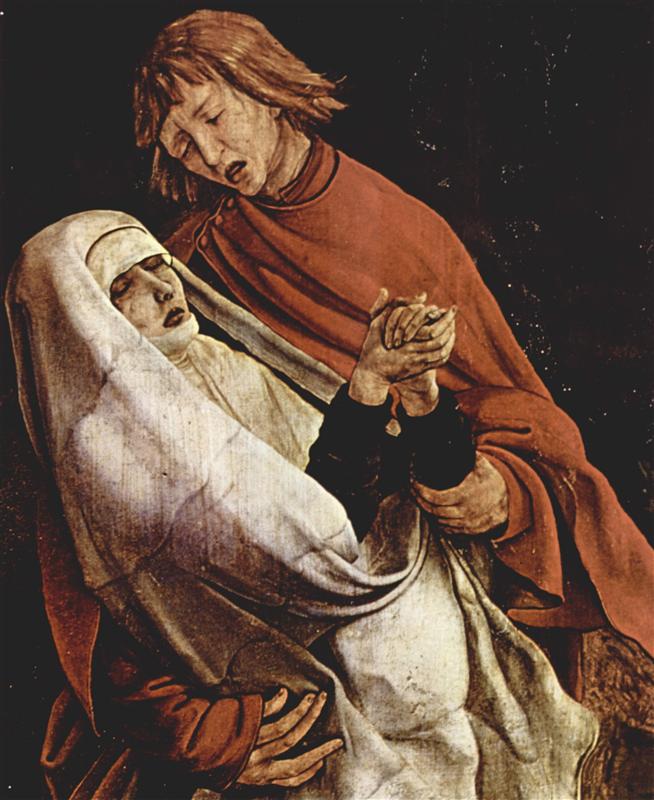 马蒂亚斯·格鲁内瓦尔德（Matthias Grünewald，德国）作品-十字架脚下的圣母和抹大拉的玛丽亚（伊森海姆祭坛画的细节）
