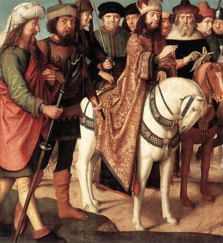 杰拉德·大卫(Gerard David ,荷兰)作品-罗马士兵和犹太法官(受难三联画的左翼)