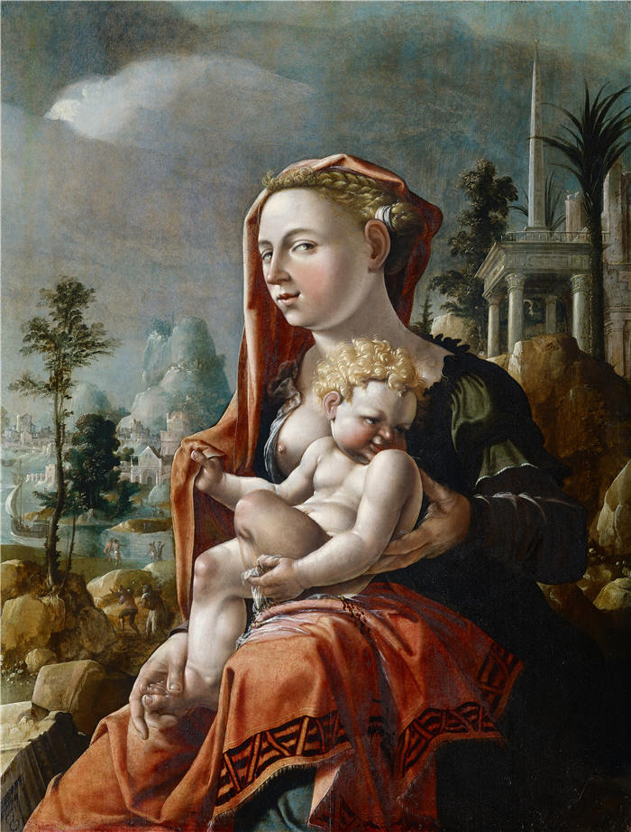 马腾·范·海姆斯凯克（Maerten van Heemskerck）作品-处女与孩子在风景前