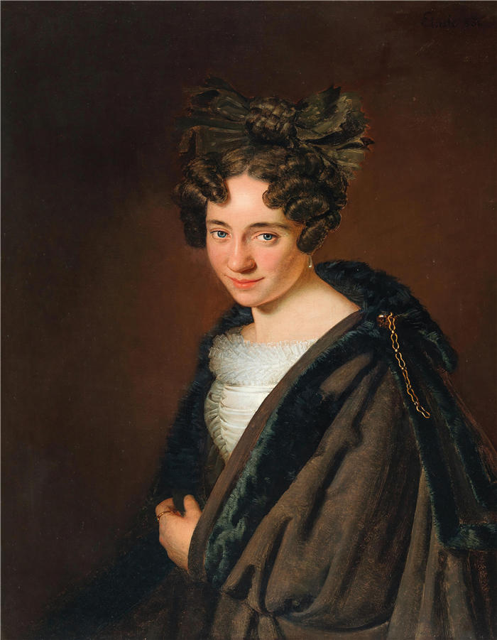 安东·艾因斯尔（Anton Einsle）作品-一位头发上有黑色蝴蝶结的年轻女士的肖像（1831 年）