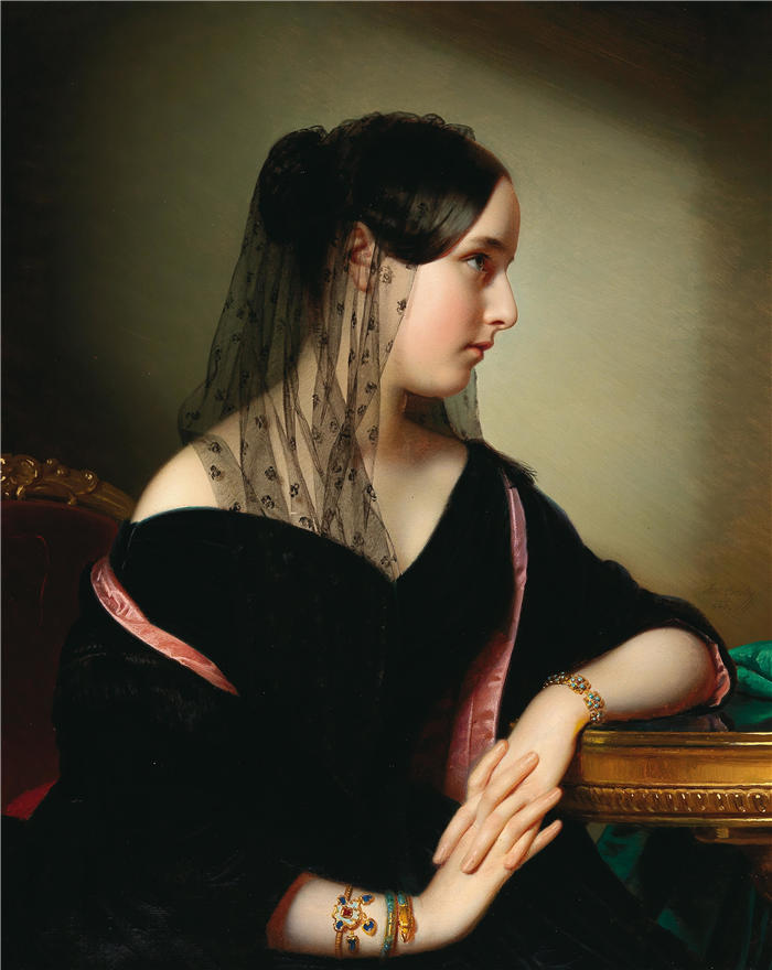 安东·艾因斯尔（Anton Einsle）作品-一位年轻女士的肖像，配以珐琅手镯、蛇形手链和绿松石手链（1847 年）