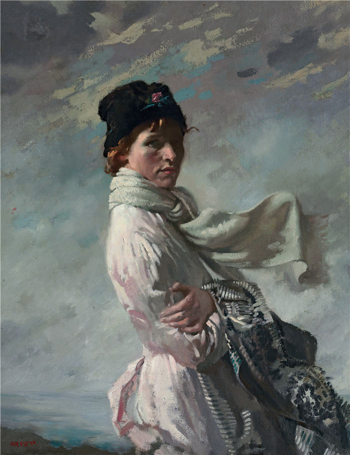 威廉·奥尔本（William Orpen，爱尔兰）高清作品-“在都柏林湾”；艺术家妻子的肖像