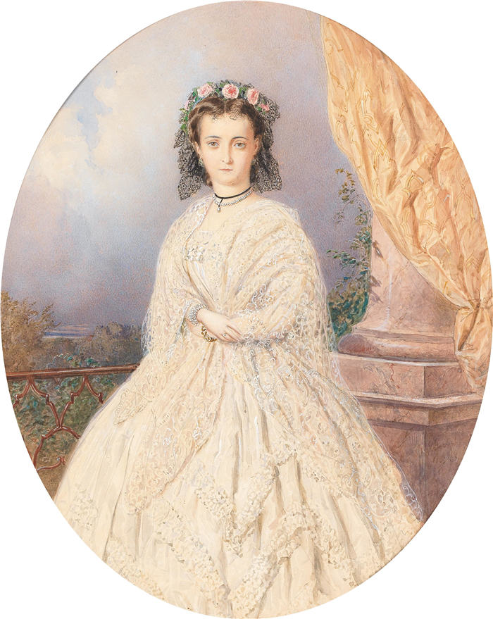 小卡尔·戈贝尔(Carl Goebel the younger,奥地利,1824-1899 年)作品-一位头发上插着玫瑰的新娘站在阳台上的肖像