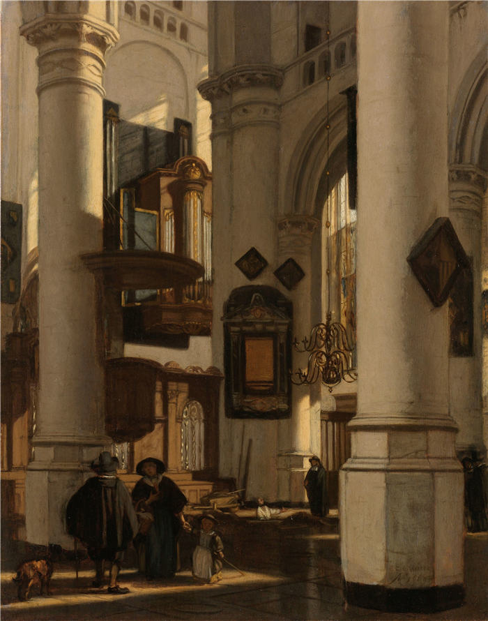 伊曼纽尔·德·威特（Emanuel de Witte，荷兰）高清作品-新教哥特式教堂的内部，合唱团中有一名掘墓人（1669 年）