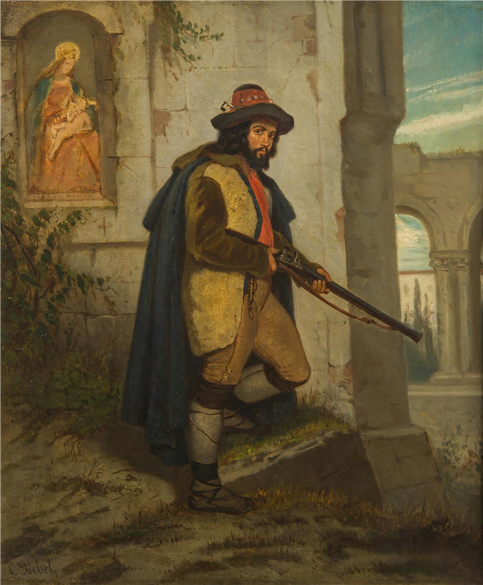小卡尔·戈贝尔（Carl Goebel the younger，奥地利，1824-1899 年）作品-一个拿着步枪的男人