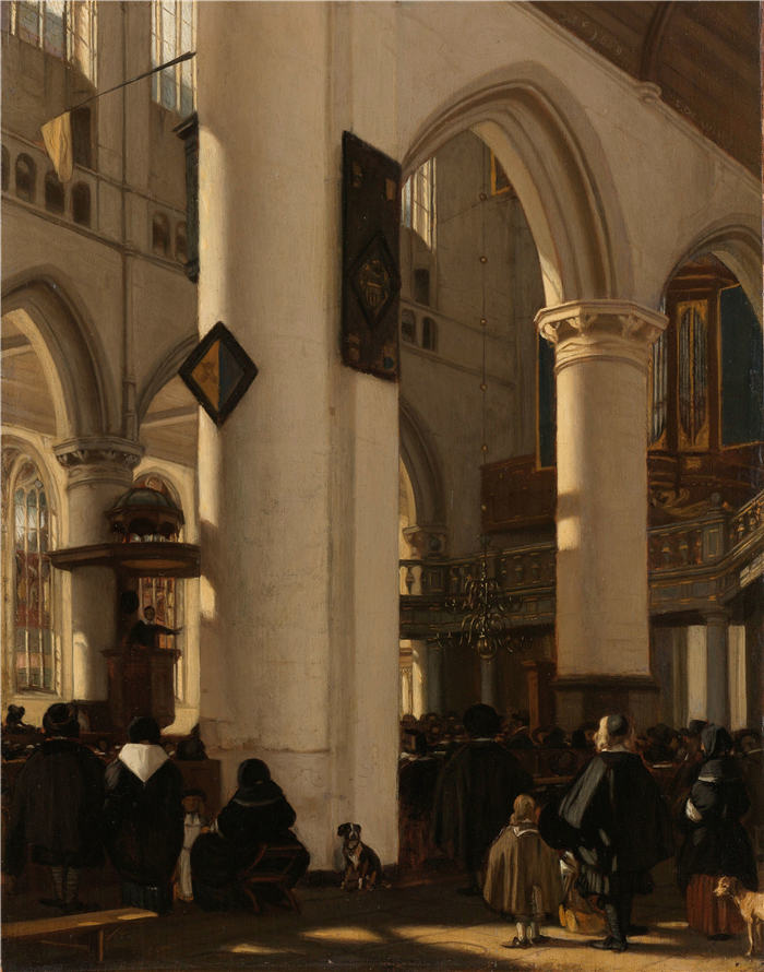 伊曼纽尔·德·威特（Emanuel de Witte，荷兰）高清作品-服务期间的新教哥特式教堂的内部（1669 年）