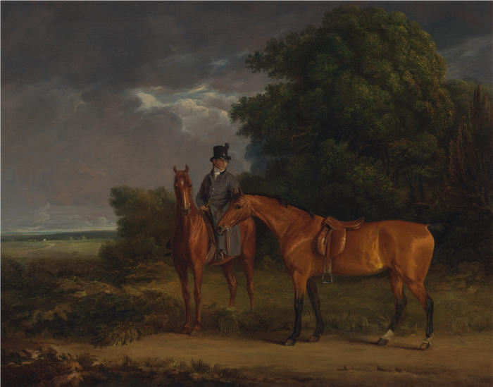雅克-洛朗·阿加斯（Jacques-Laurent Agasse，瑞士，1767 - 1849 年）作品-骑在栗子猎人身上的新郎，他用缰绳牵着海湾猎人（19世纪）