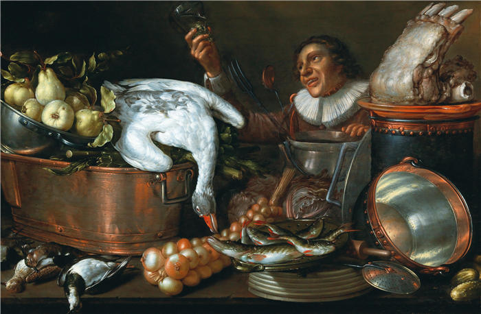 科内利斯·雅各布斯·代尔夫（Cornelis Jacobsz. Delff）作品-厨房内部配有饮水器、铜和锡器皿、野味和水果