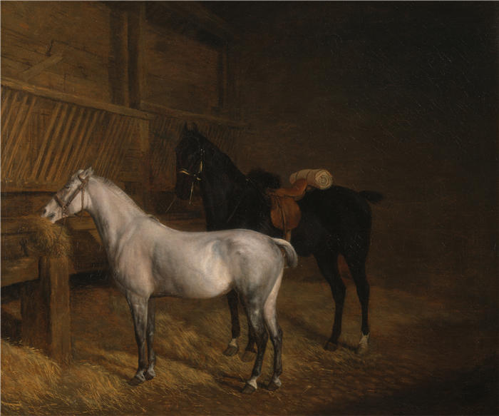 雅克-洛朗·阿加斯（Jacques-Laurent Agasse）作品-马厩里的灰色小马和黑马（1804 年）