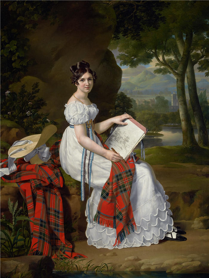 Barthélemy Vieillevoye(比利时,1798-1855)作品-在风景中素描的女人(约 1830 年)