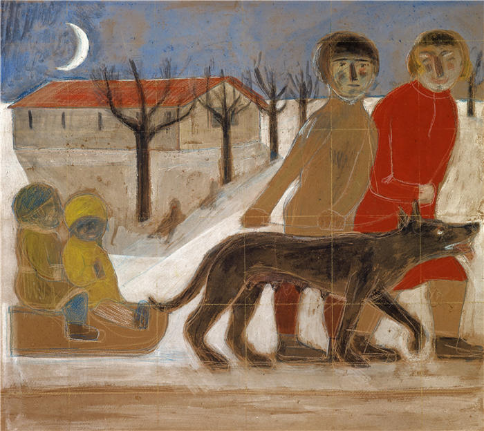 保罗·王尔德（Paul Wilde）作品-壁画研究；雪橇儿童（1929）