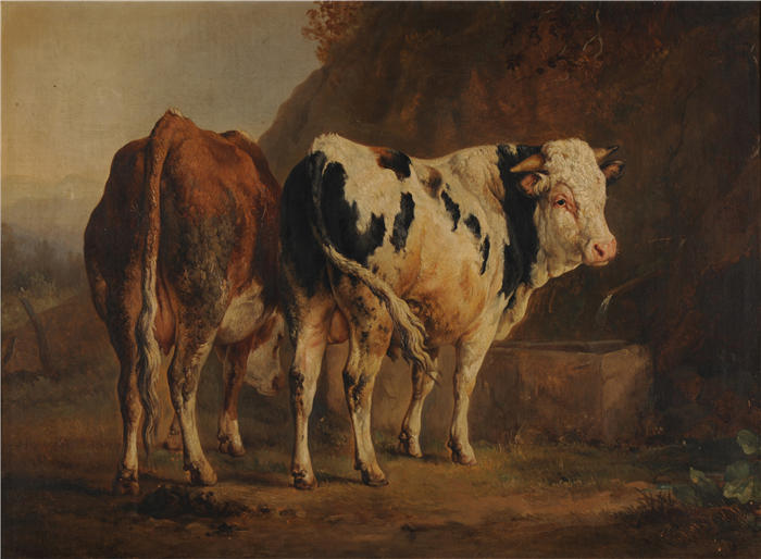 雅克·雷蒙德·布拉斯卡萨特（Jacques-Raymond Brascassat，法国，1804-1867）作品-黑白相间的公牛和棕色相间的母牛