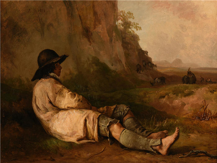雅克·雷蒙德·布拉斯卡萨特（Jacques-Raymond Brascassat，法国，1804-1867）作品-牧羊人在岩石旁休息（1838年）