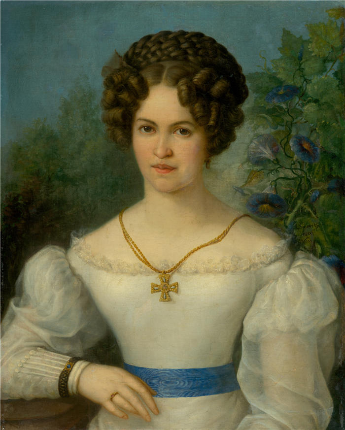 约瑟夫·吉诺夫斯基（Jozef Ginovský）作品-一位穿着白色连衣裙的年轻女士的肖像（1826 年）