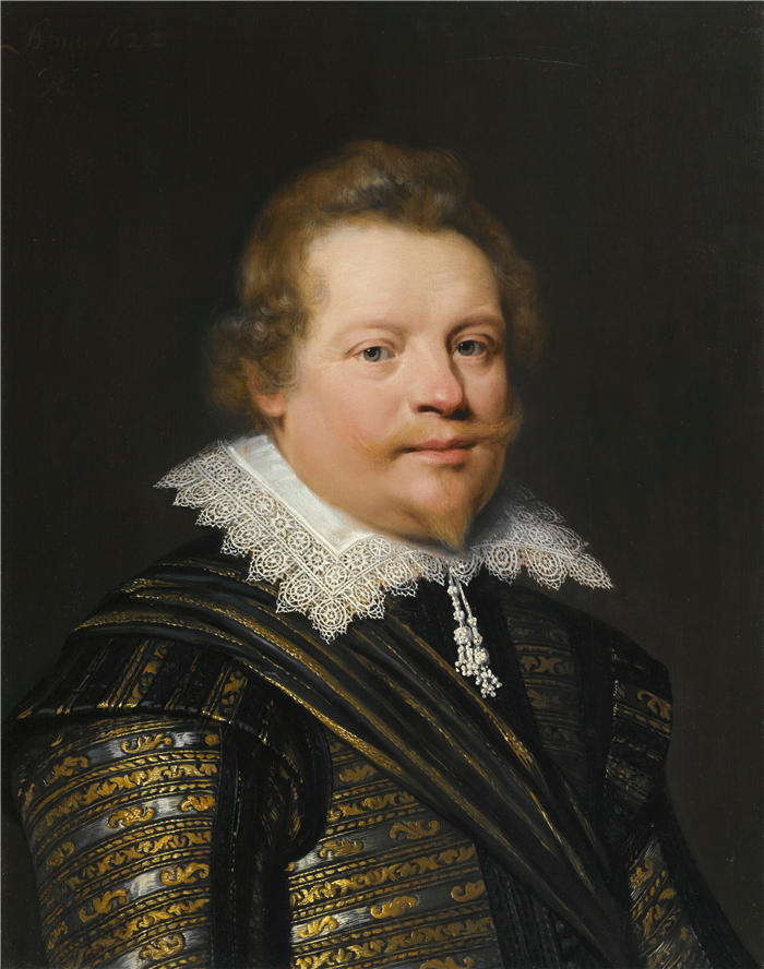 扬·安托尼斯·范·拉韦斯特因（Jan Anthonisz van Ravesteyn）作品-《一位绅士穿着黑色和金色刺绣双人床和白色褶边的肖像》（1622年）