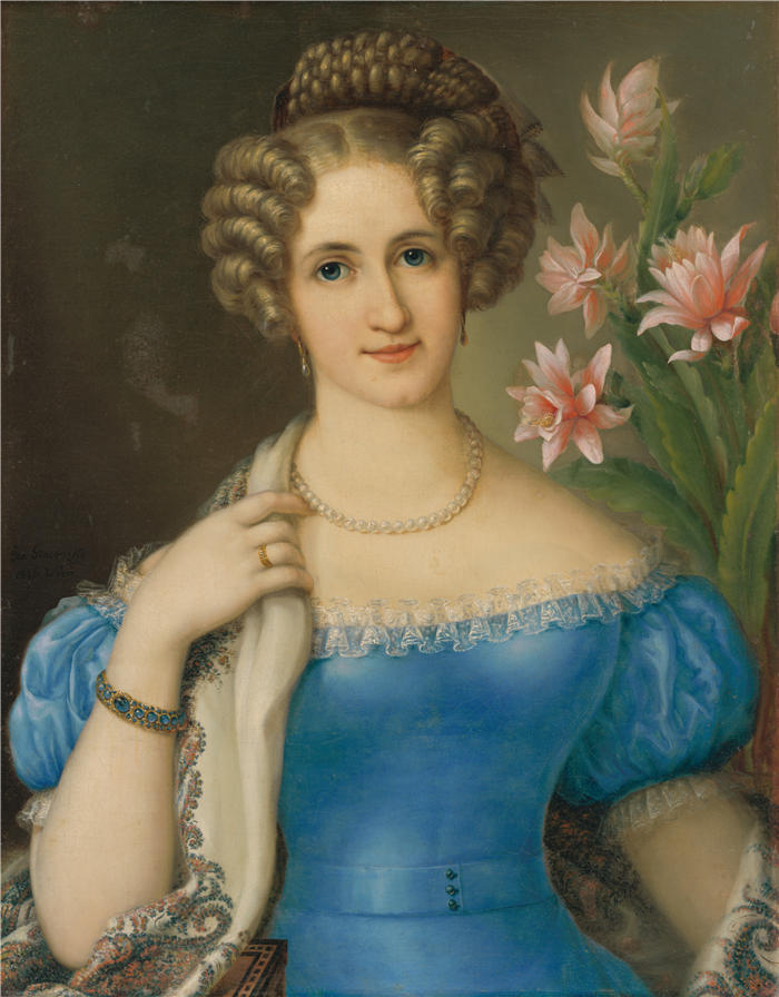 约瑟夫·吉诺夫斯基（Jozef Ginovský）作品-一位身穿蓝色连衣裙的年轻女士的肖像（1826 年）