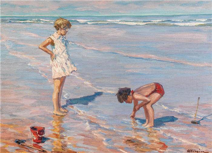 查尔斯·阿塔米安（Charles Atamian） 作品-孩子们在海滩上玩耍 