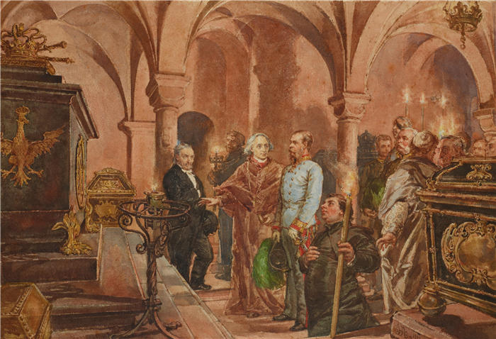 扬·马特耶科（Jan Matejko,波兰画家）作品-瓦威尔大教堂下圣伦纳德墓穴中约翰·三世索比耶斯基（John III Sobieski）的萨科帕格斯（Sarcophagus）前的皇帝（1881年）